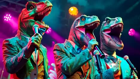 un grupo de tres dinosaurios vestidos con trajes y con micrófonos