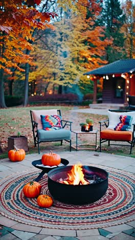 autumn patio with fire pit and fall decor
