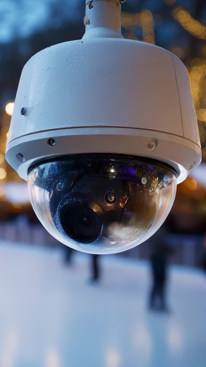 Close-Up of a Surveillance Camera in a Skating Rink, Highlighting Security Measures in a Festive Environment with Blurred Background Lights and Ice Skaters