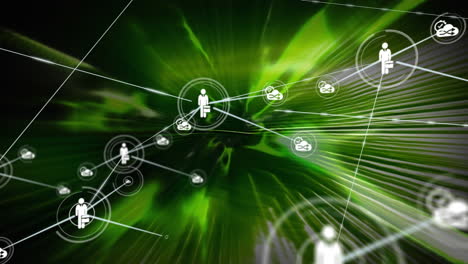 Animation of media icons and network of connections on green moving background