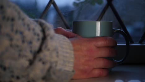 woman warming hands on mug of hot tea in window close up shot