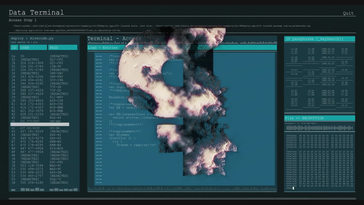 pantalla de datos de terminal con animación de código de cifrado a través de la interfaz de acceso de terminal
