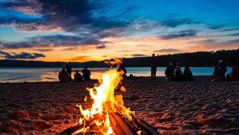 a group of people sitting around a campfire on the beach at sunset