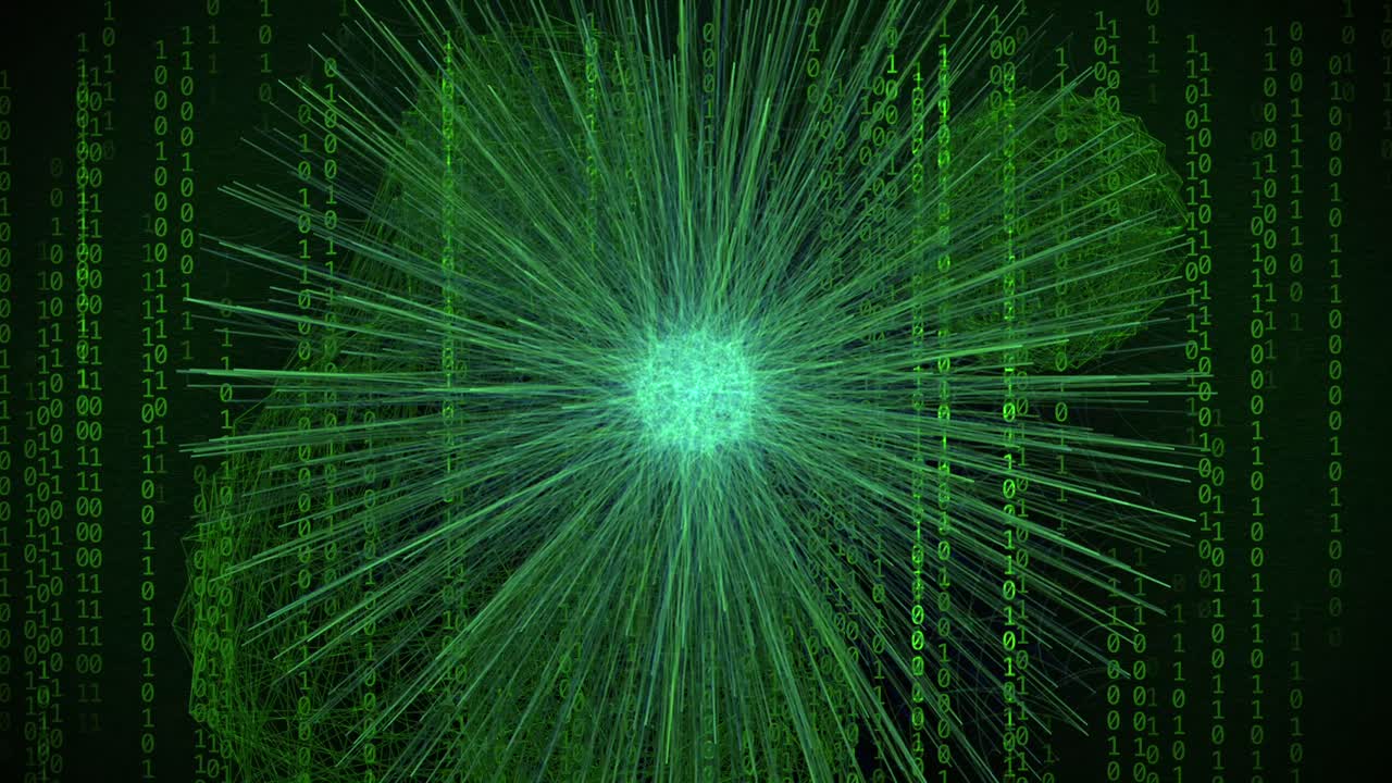 Exploding digital matrix with green binary code and radiating light burst