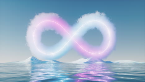 cloud with glowing neon lines and water surface, 3d rendering.