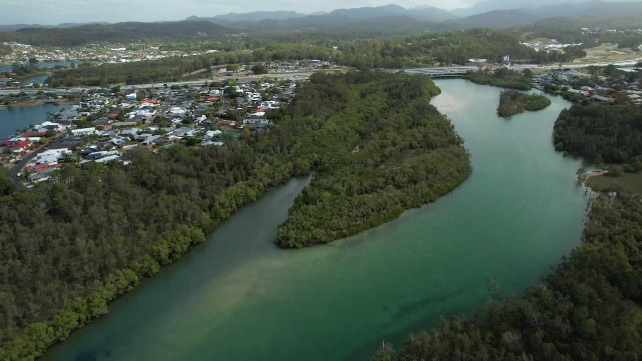 Scenic Tallebudgera Creek Surrounded With Lush Vegetation In Queensland, Australia - Aerial Shot