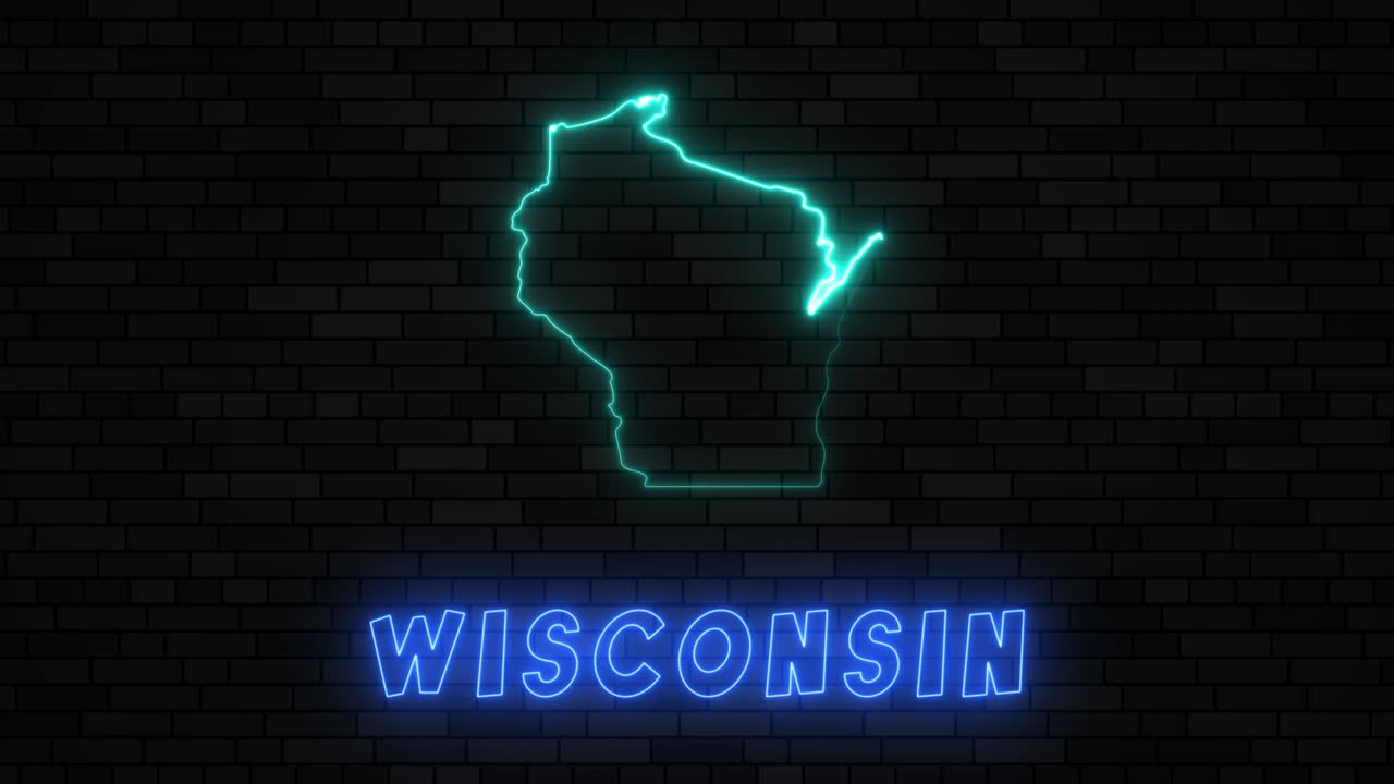 위스콘신 주 지도: 어두운 벽돌 벽 바탕에 네온 선을 가진 실루