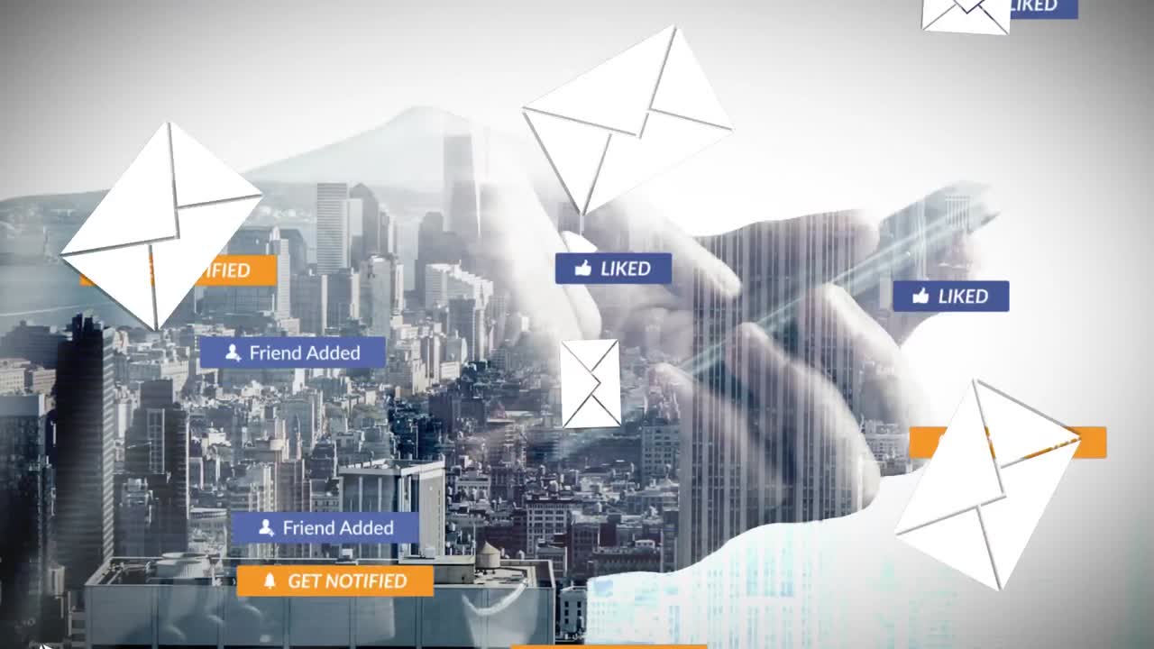 도시 풍경 위에 떨어지는 소셜 미디어 아이콘과 이모티콘의 애니메이션