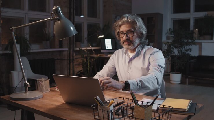 Mand arbejder sent om natten, lukker bærbar computer og justerer skrivebordslampe.