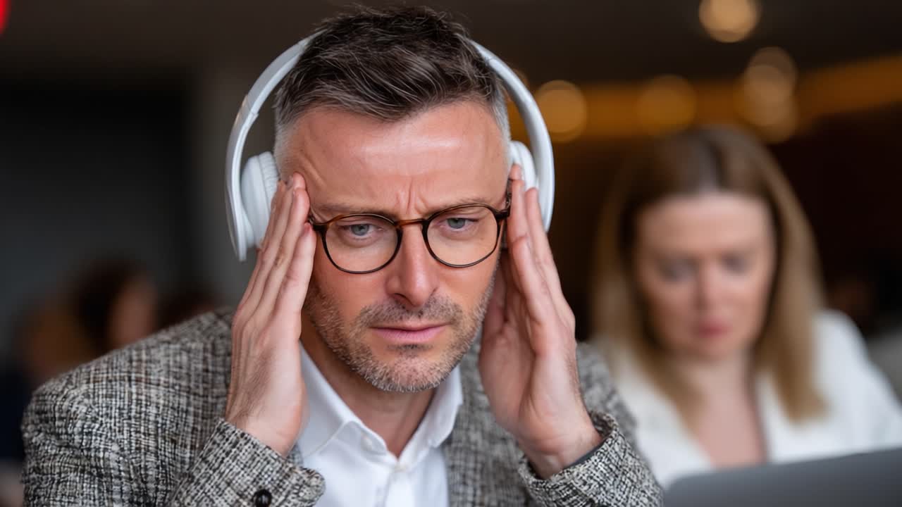 A Focused Individual with Headphones Exhibiting Signs of Stress in a Modern Environment, Engaged in a Challenging Task While Surrounded by Colleagues