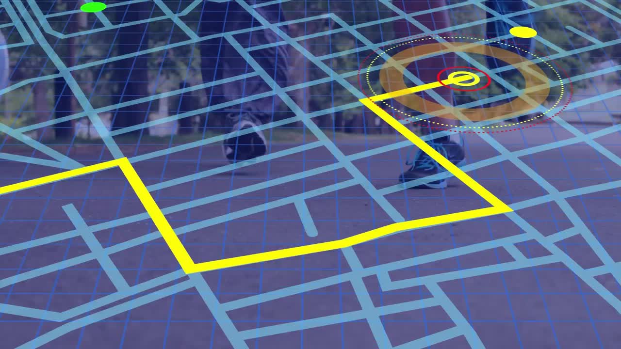 esquema de línea de navegación de mapa contra la sección baja de personas que corren al aire libre