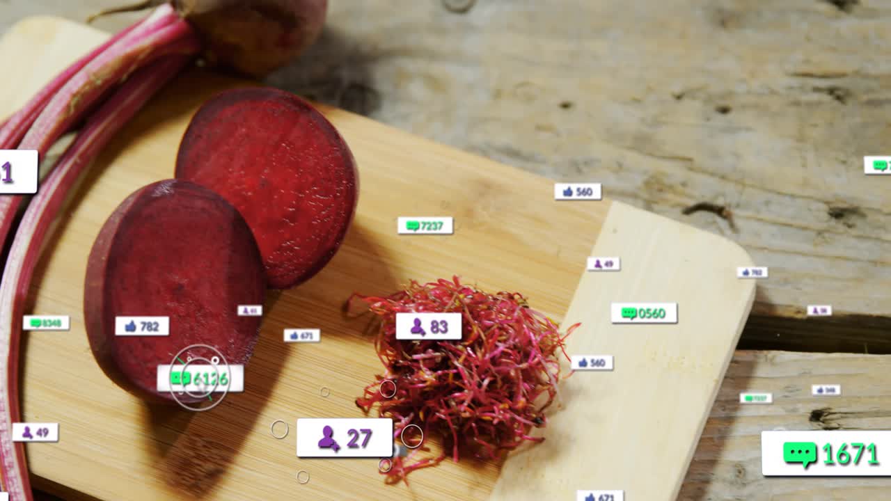Board with beets and sprouts on plank, badges piling, cursor selecting, fading, showing food reach