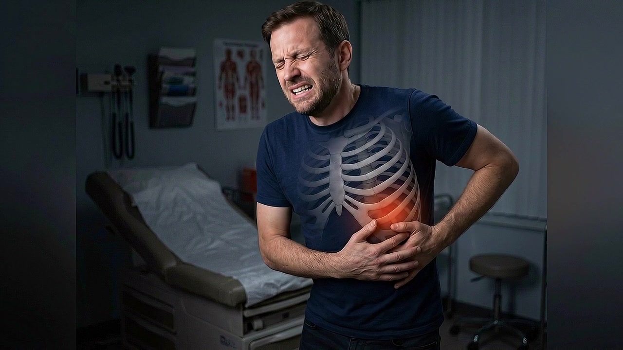 Man clutching side and abdomen beneath transparent rib cage in medical view