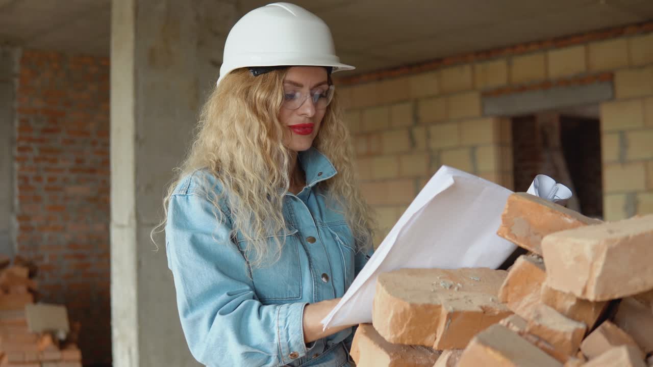 arquitecta lea el plan arquitectónico para la construcción de la casa y hace marcas en él