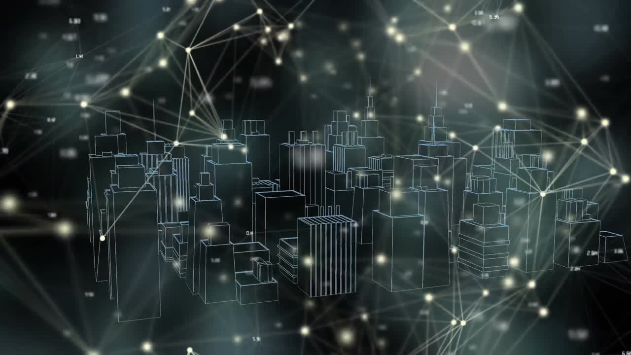 Animation of network of connections with glowing spots over 3d cityscape drawing