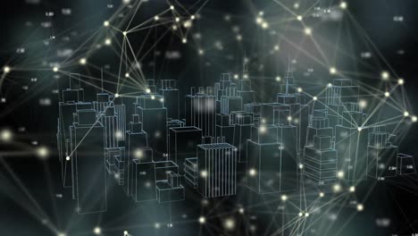 animation of network of connections with glowing spots over 3d cityscape drawing