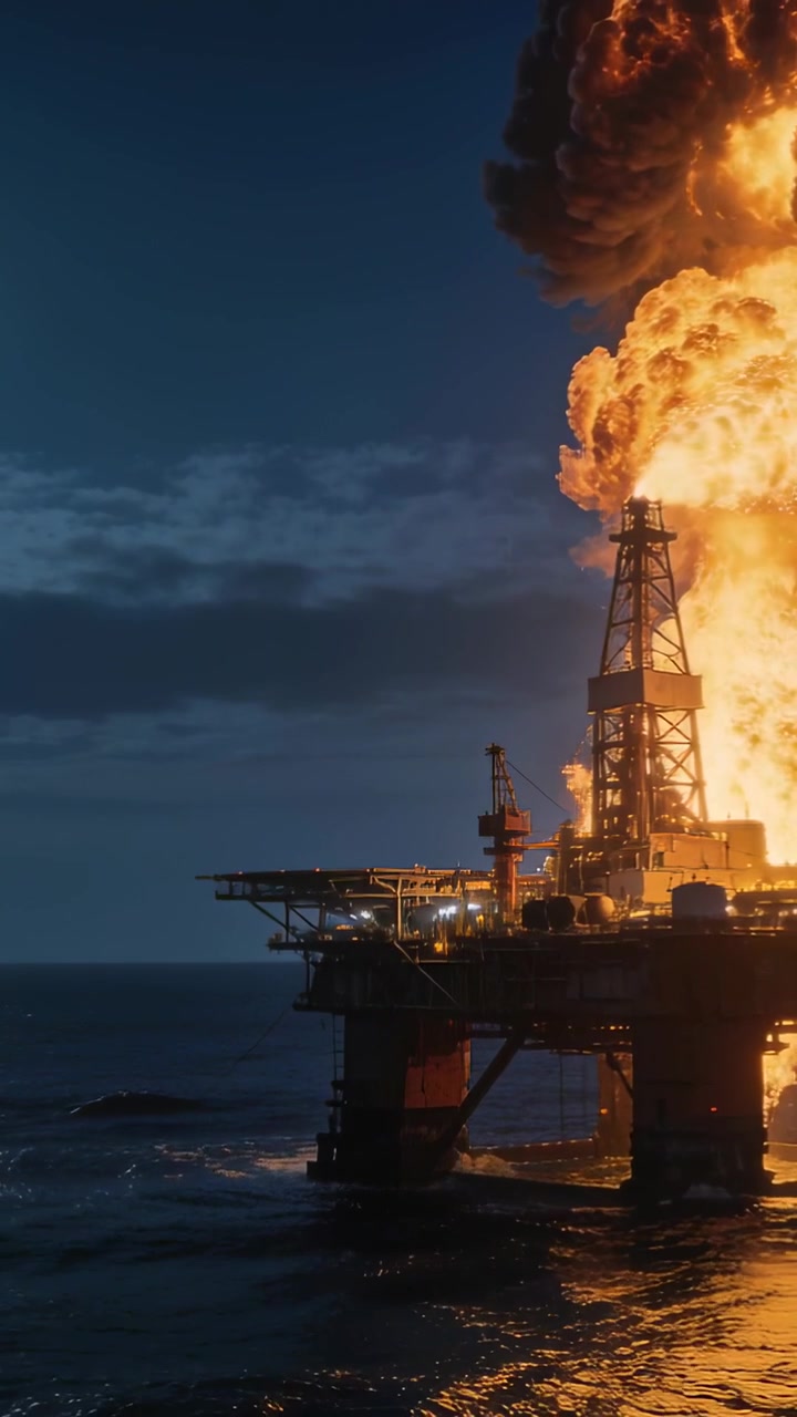 Vertikal video: Eksplosion bryder ud, olieboreplatform brænder nær boretårnet i skumringen med sort røg, tekstplads