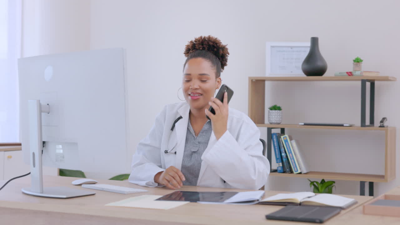 Online communication, woman doctor on a phone call