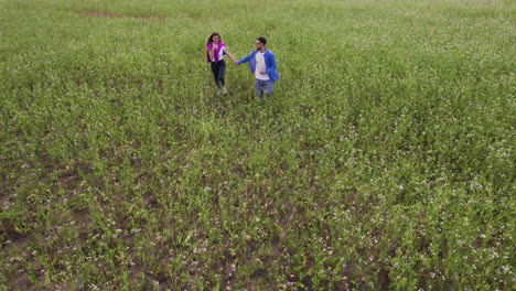 Pareja-Joven,-Tomados-De-La-Mano,-En,-Un,-Campo