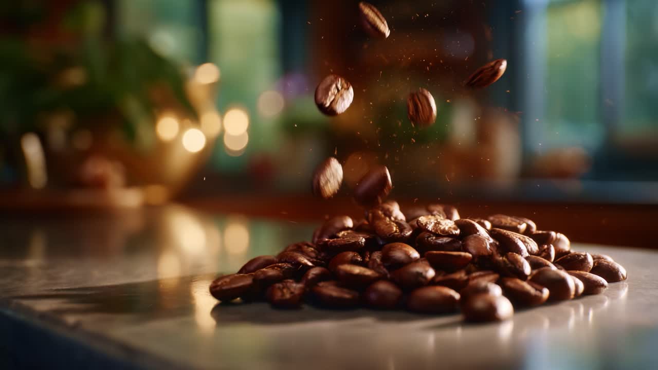 A Captivating Close-Up View of Fresh Coffee Beans Piled on a Table, Highlighting Their Rich Color and Texture in a Soft Natural Setting
