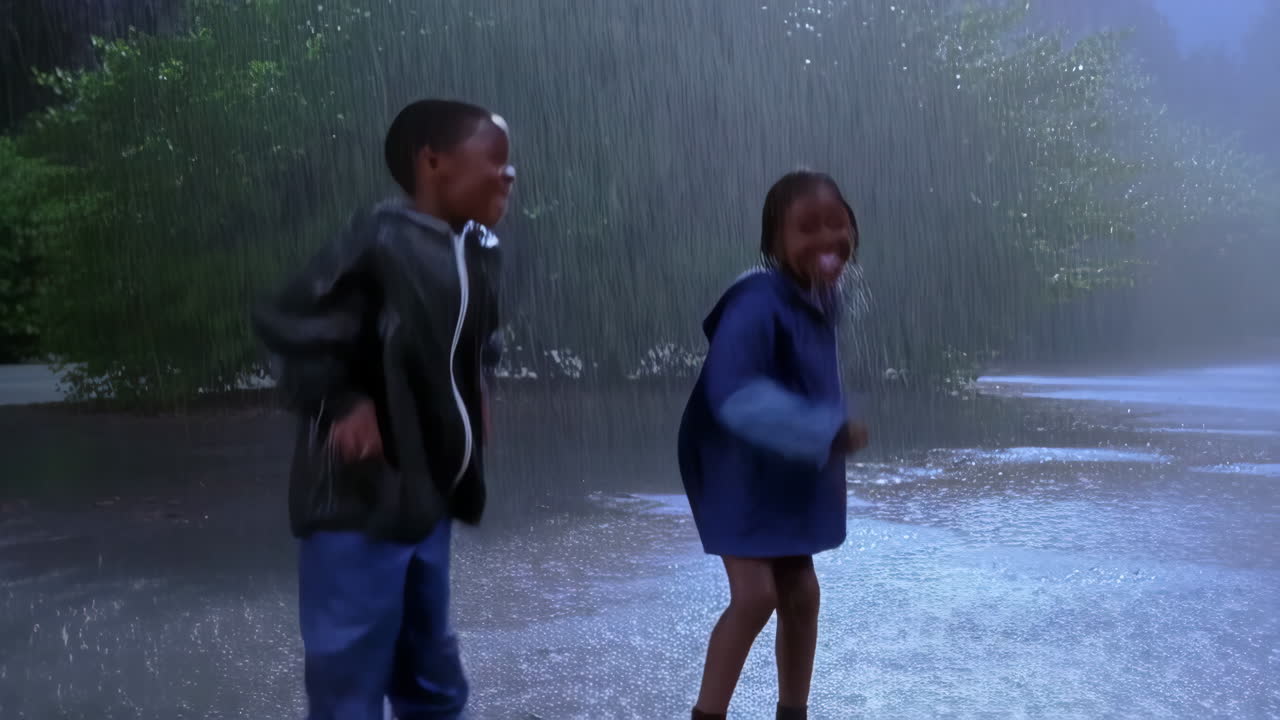 Two Children Joyfully Playing in the Rain