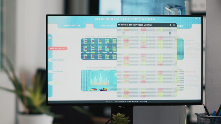 Stock portfolio on computer monitor containing collection of financial assets