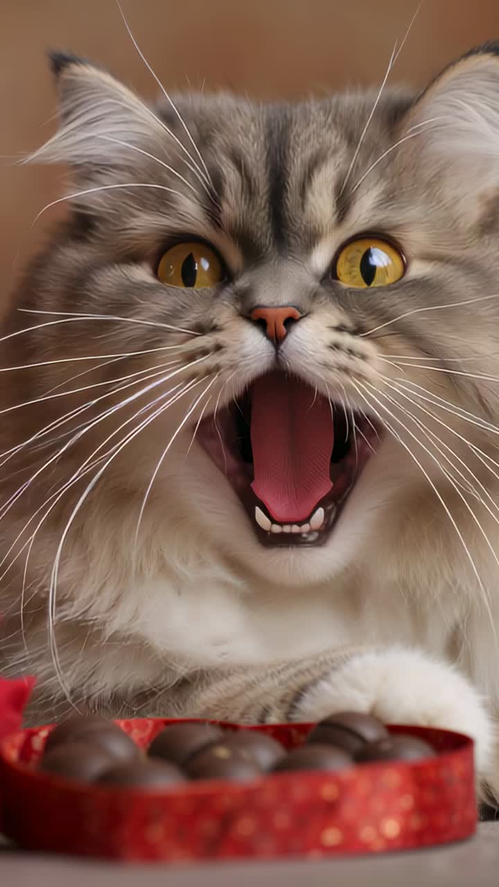 Vertikal video: En grå, fluffy kat gaber først, hvorefter den sætter sig ved bordet og poter på en rød hjerteformet godbidsæske