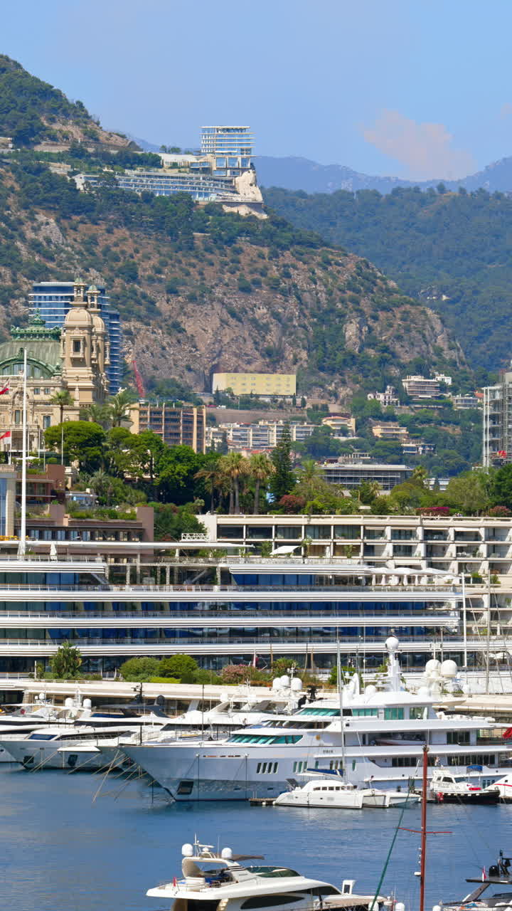 Vista di barche ormeggiate nel porto turistico di Monaco con lo skyline della città sullo sfondo. Verticale