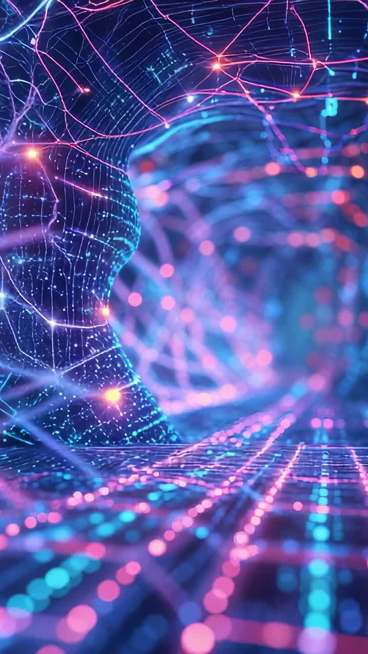 Vertical video: Neon filaments with glowing nodes pulsating in mesh corridor, with camera moving