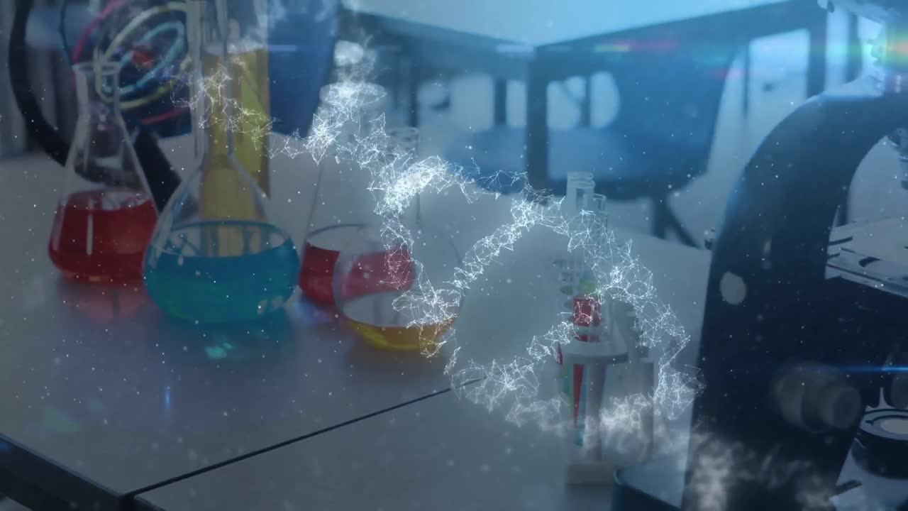 estructura de adn 3d girando contra el laboratorio vacío