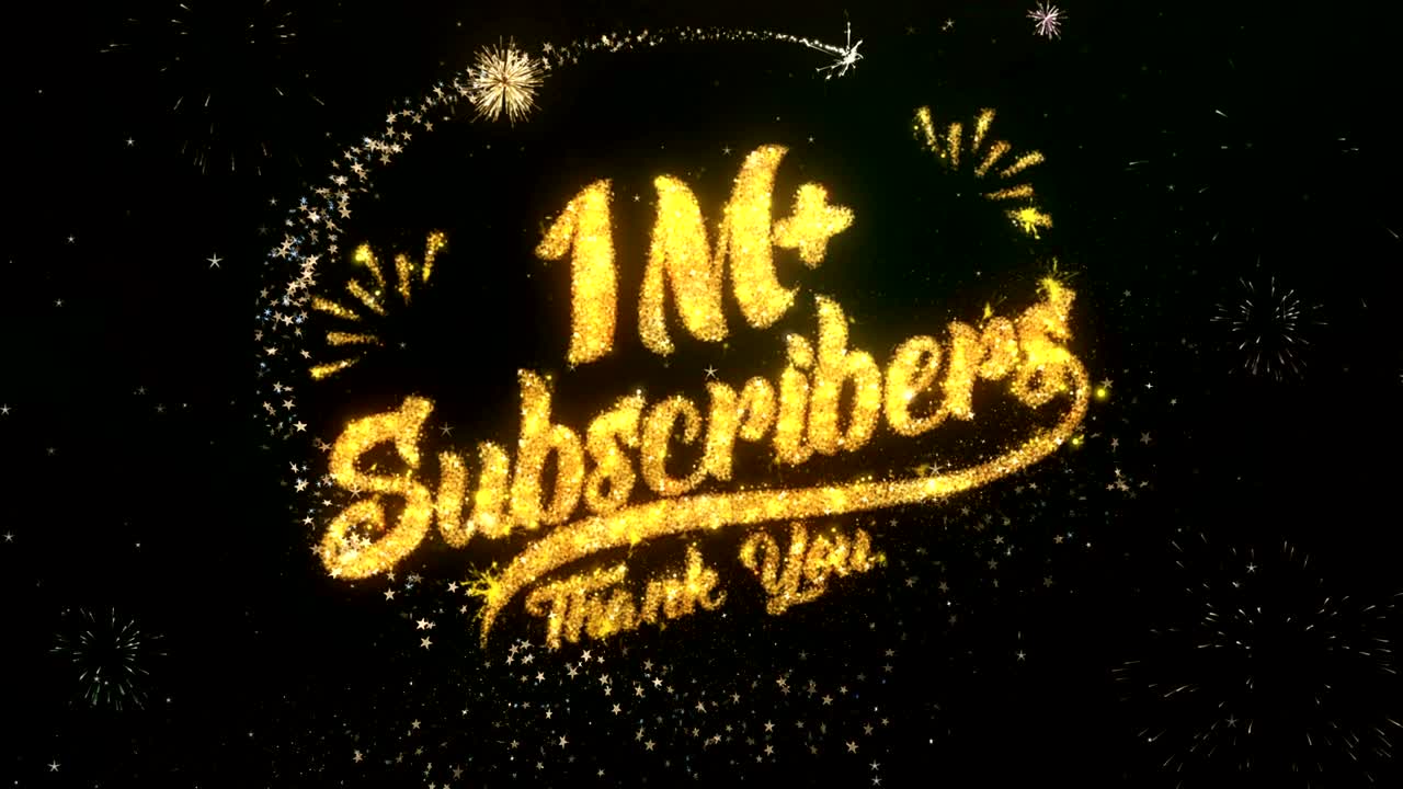 1m 가입자 인사 및 희망 카드는 반이는 입자 및 반이는 빛의 어두운 밤 하늘과 다채로운 불꽃놀이 4k 배경으로 만들어졌습니다.