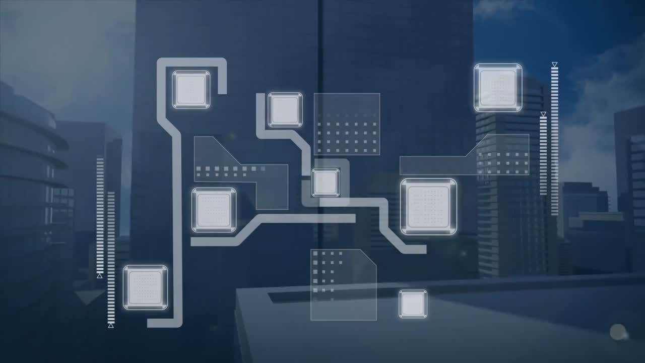 Animation of computer circuit board over cityscape