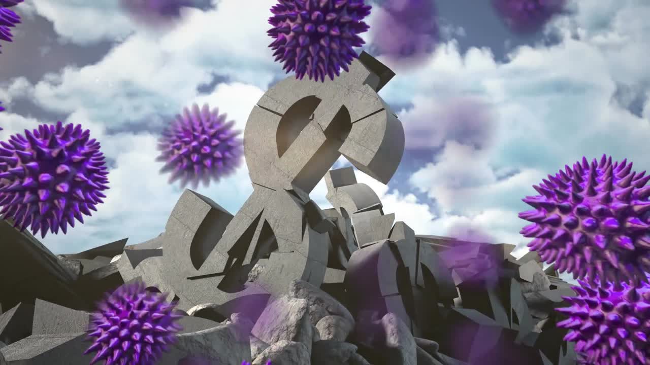 múltiples células de covid-19 flotando sobre el símbolo de la moneda del dólar roto contra las nubes en el cielo azul