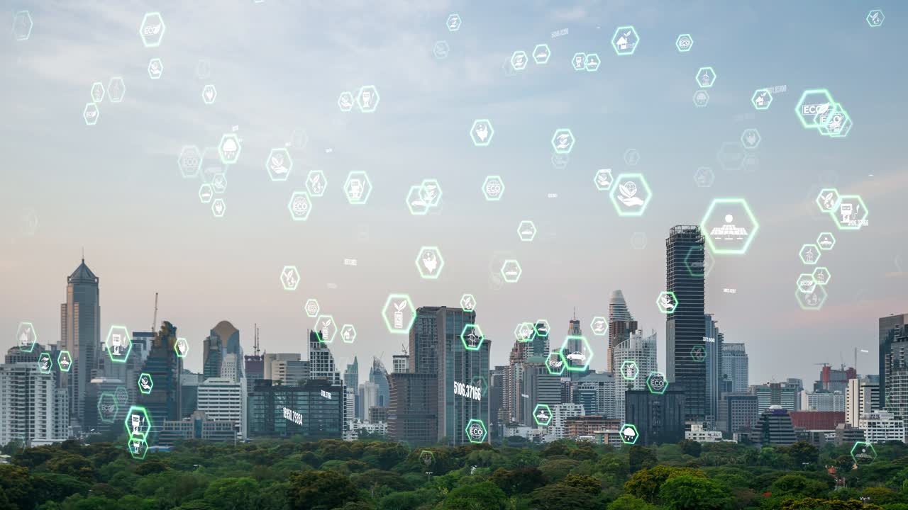 Business data analytic interface fly over smart city showing alteration future