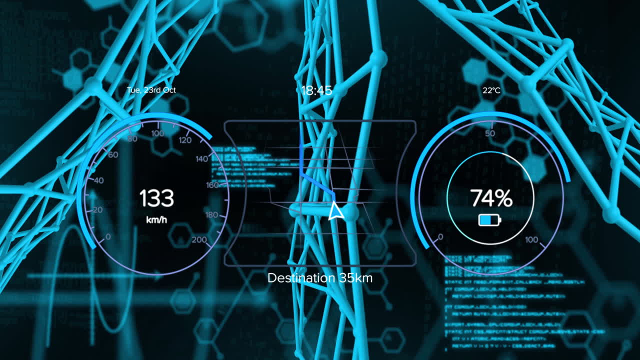 Animation of speedometer and data processing over network of connections