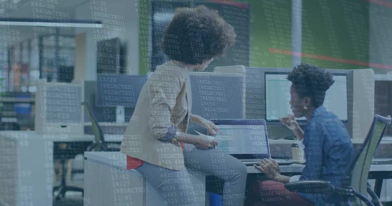 Diverse professionals collaborating at office with data processing animation overlay