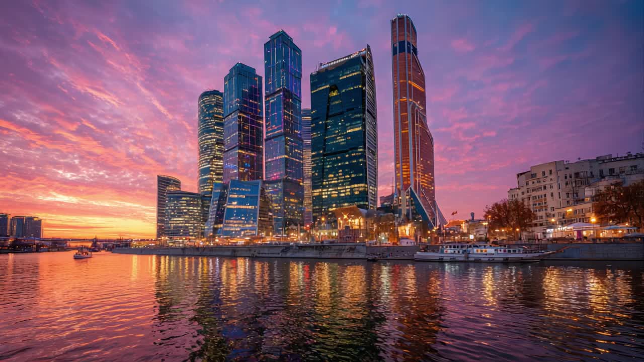 Reflexo deslumbrante da paisagem urbana ao entardecer: um horizonte vibrante brilhando sob um céu púrpura com torres iluminadas e um curso d'água tranquilo