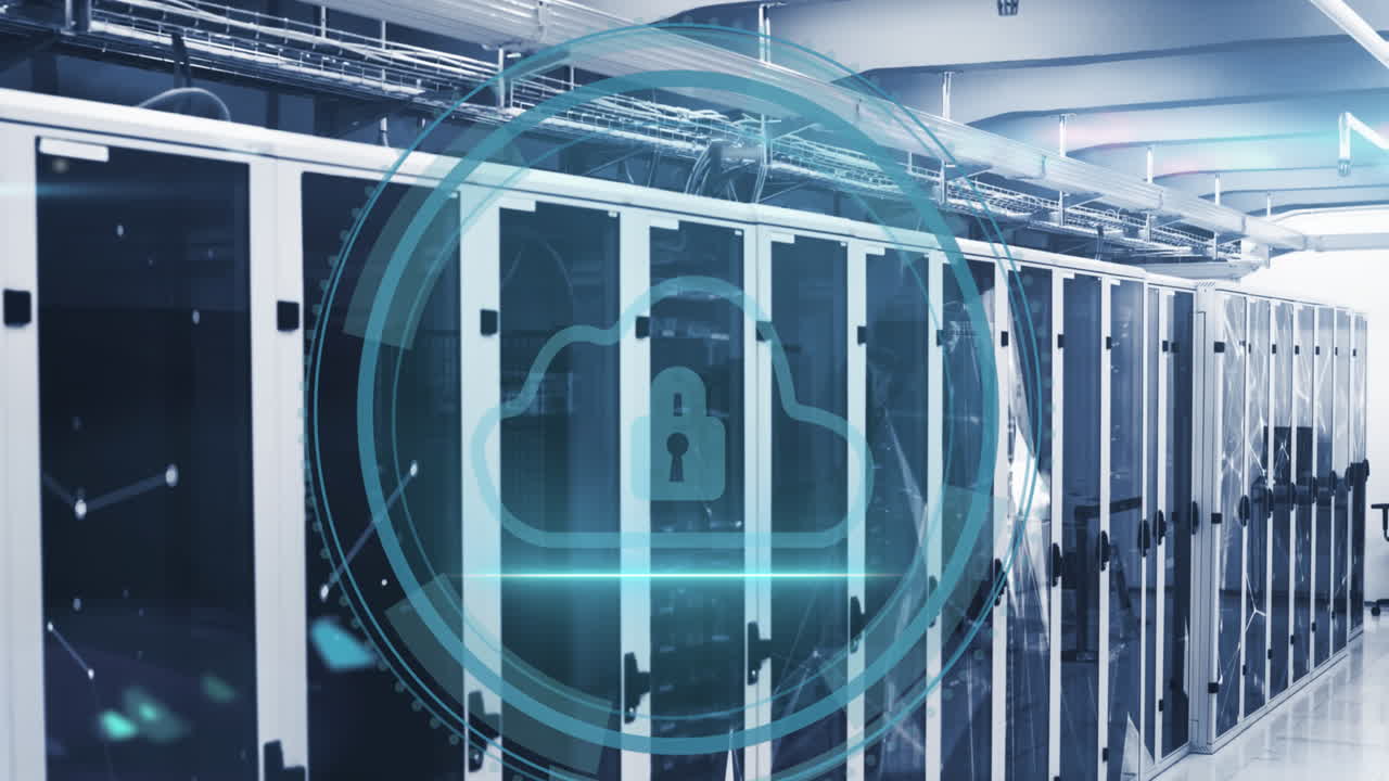 사이버 보안 텍스트 배너를 보안 락과 클라우드 아이콘 위에 서버 에 애니메이션으로 표시합니다.