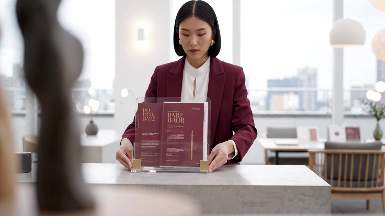 Una donna professionista presenta eleganti design di menu in uno spazio moderno e minimalista, enfatizzando classe e raffinatezza nella comunicazione aziendale.