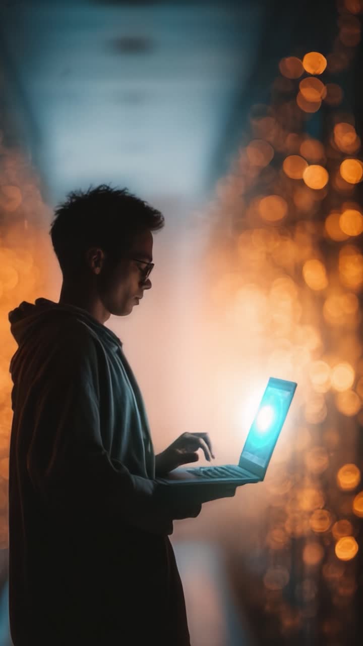 Una figura in silhouette intenta a lavorare su un portatile, illuminata su uno sfondo di luci scintillanti, che rappresenta la tecnologia moderna e la concentrazione