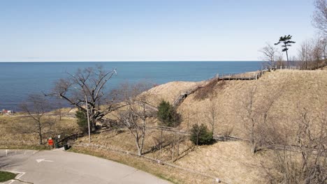 Aerial-of-Kruse-park-on-Lake-Michigan-in-Spring