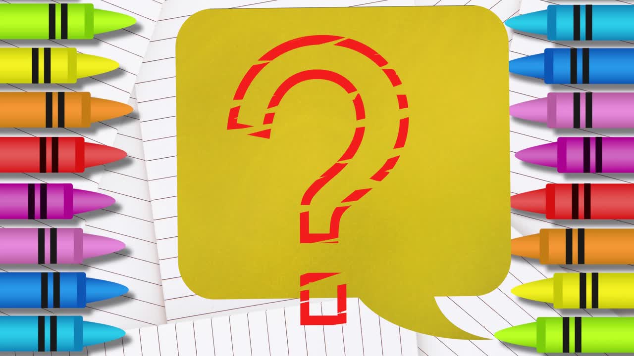 ⁇  라인 된 종이 와 다채로운 크레이온 에 대항 하여 말 하는 거품 위 에 질문표 기호