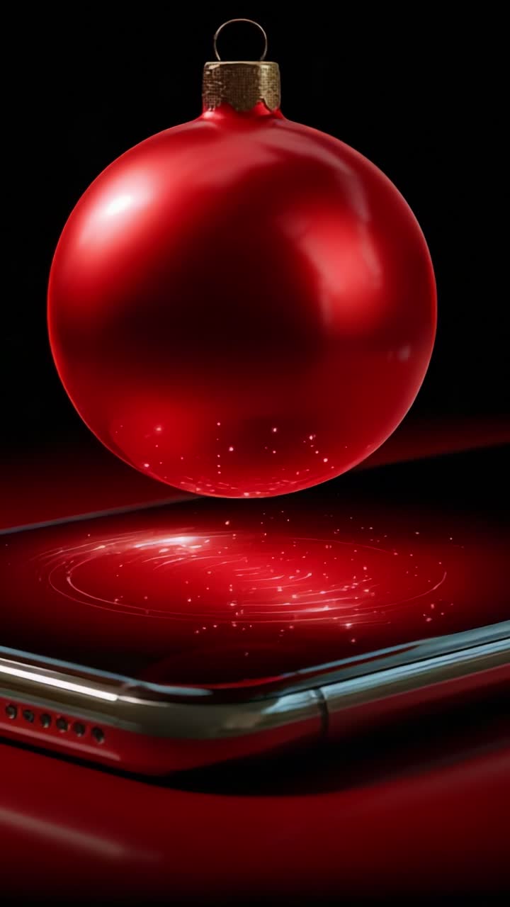 A Stunning Visualization of a Red Christmas Ornament Suspended Above a Smartphone, Showcasing the Intersection of Festive Cheer and Modern Technology with Mesmerizing Light Effects