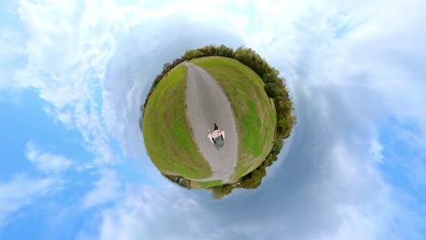 little planet of a footpath of green grass field in spring. walking through shot.