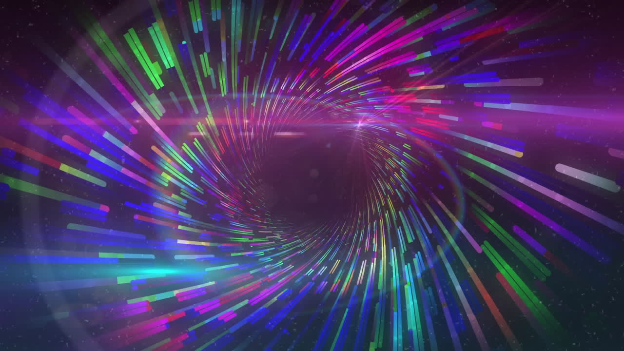 animación de senderos de luz giratorios y prisma sobre un fondo negro.