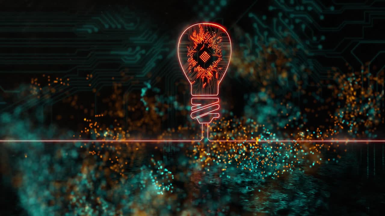 animación de puntos de luz sobre el icono de la bombilla con placa de circuito de computadora en fondo negro