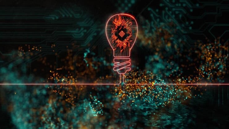 Animation of light spots over light bulb icon with computer circuit board on black background