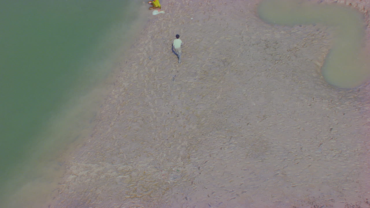 한 소년이 맹그로브 숲의 모래나 진흙 지역을 걷고 있다