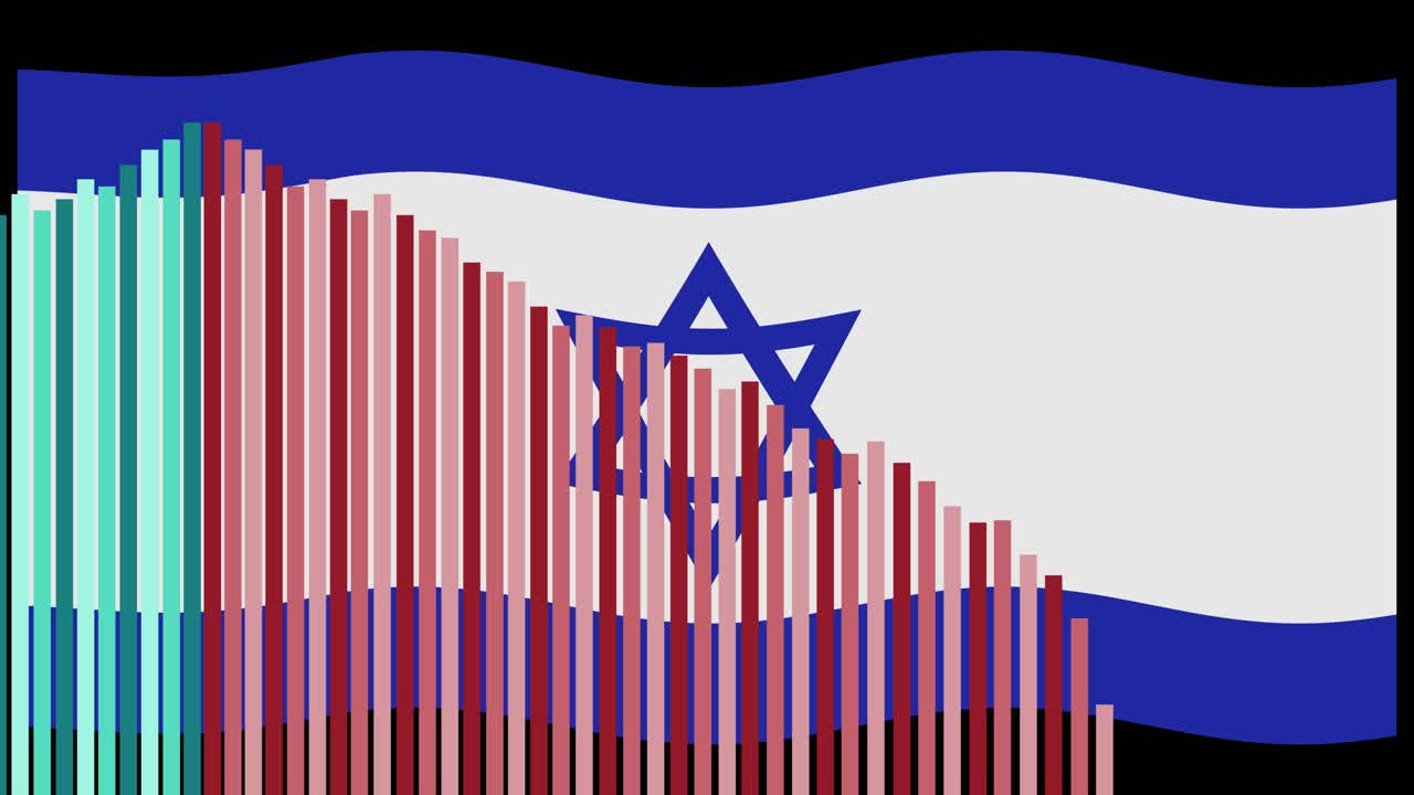 Colorful bar graph grows and shifts over Israeli flag, smooth transitions, flat vector style