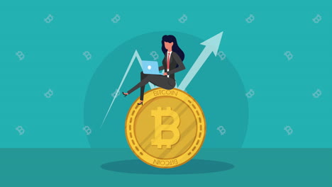 mujer de negocios con animación de criptomoneda bitcoin